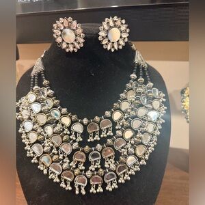 Silver-Tone Mirror Dangling Bib Necklace and Earrings Set - Women Jewelry